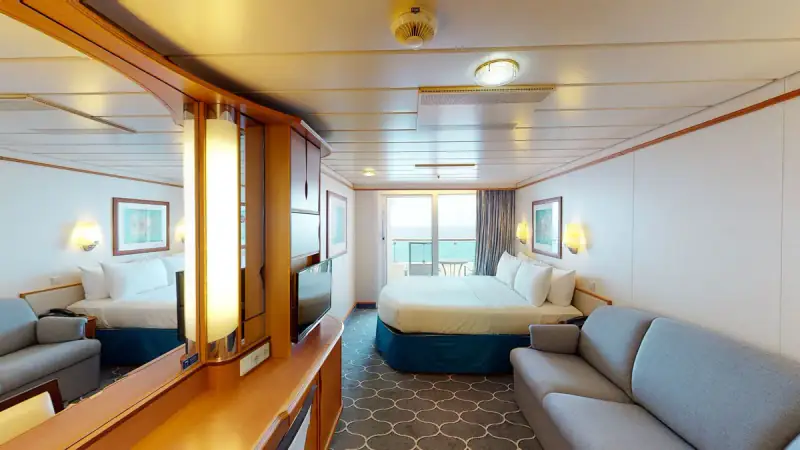 Spacious Ocean View Balcony, official Royal Caribbean category example