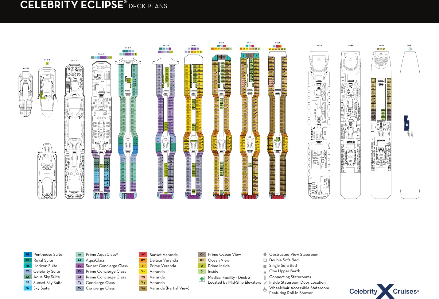 Celebrity Eclipse deck plan showing decks and color-coded stateroom categories