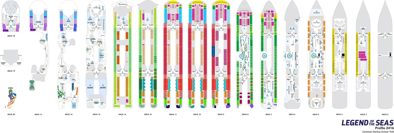 Legend of the Seas deck plan with stateroom categories and public areas