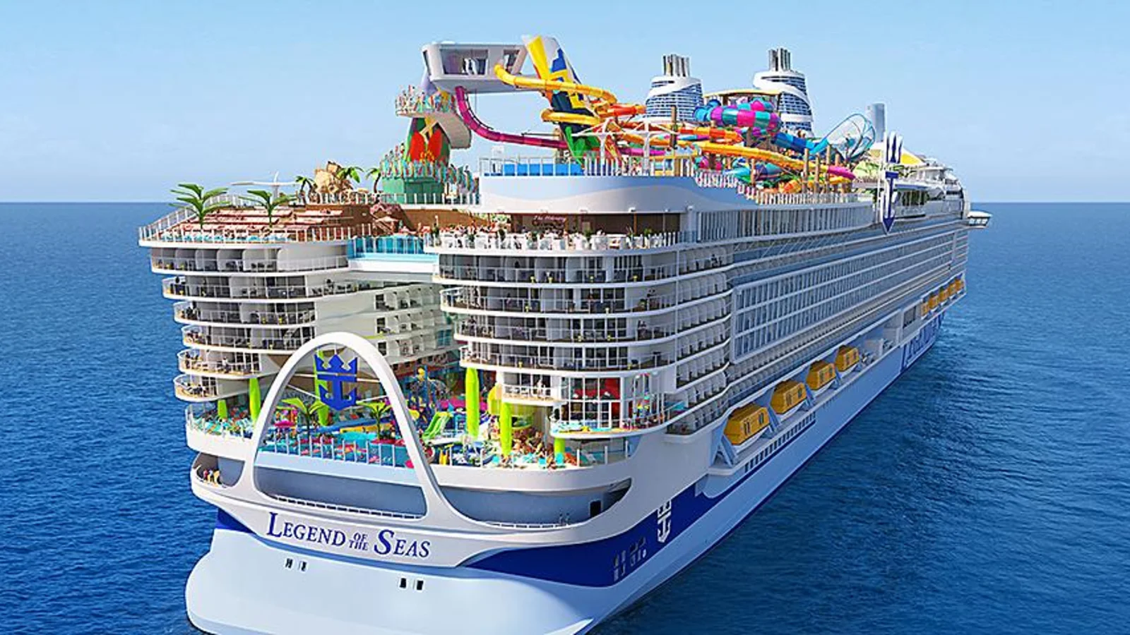 Legend of the Seas sailing at sea, viewed from above and behind