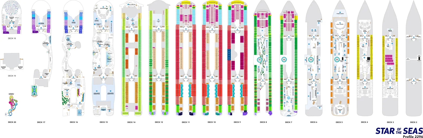 Star of the Seas deck plan with stateroom categories and public areas