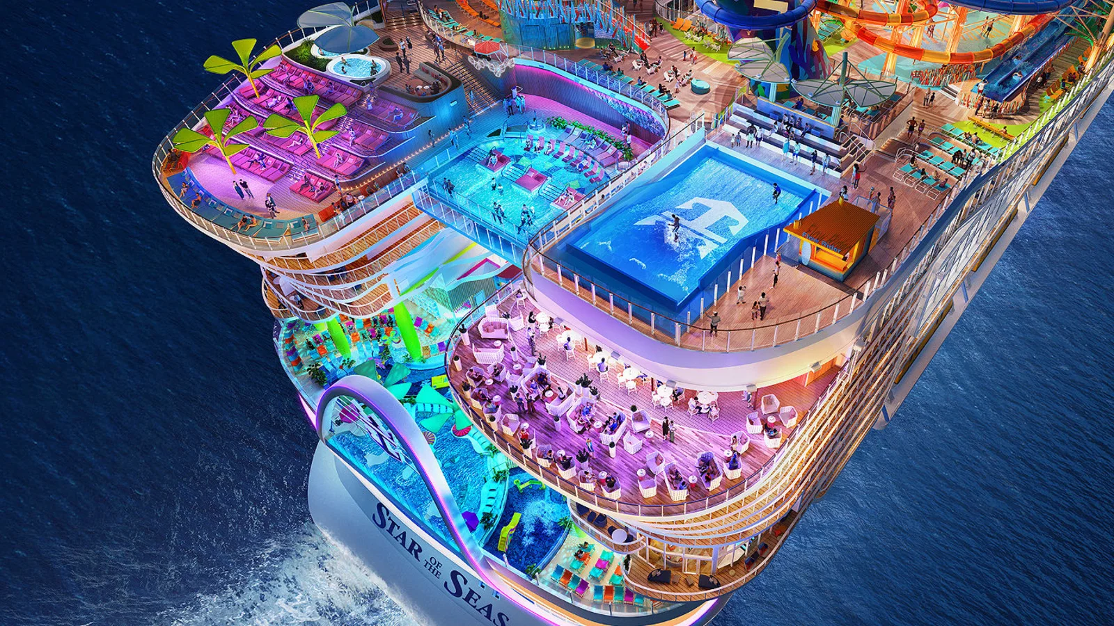 Star of the Seas sailing at night with its stern neighborhoods illuminated