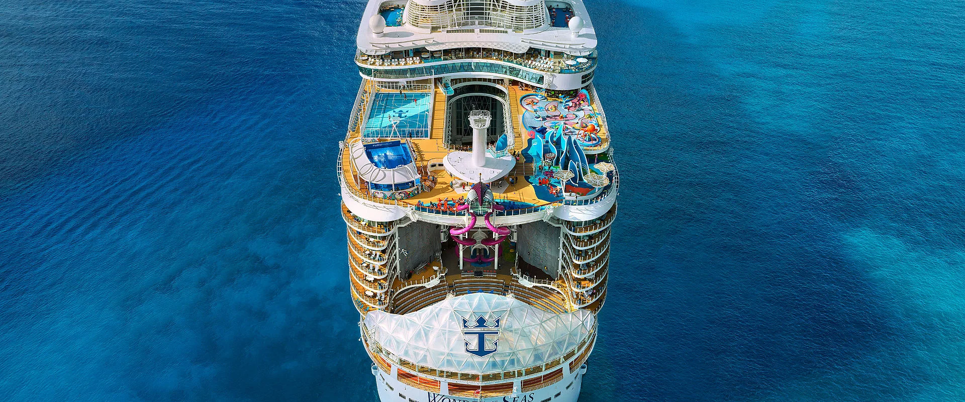 Aerial view of Wonder of the Seas' aft neighborhoods and activity decks