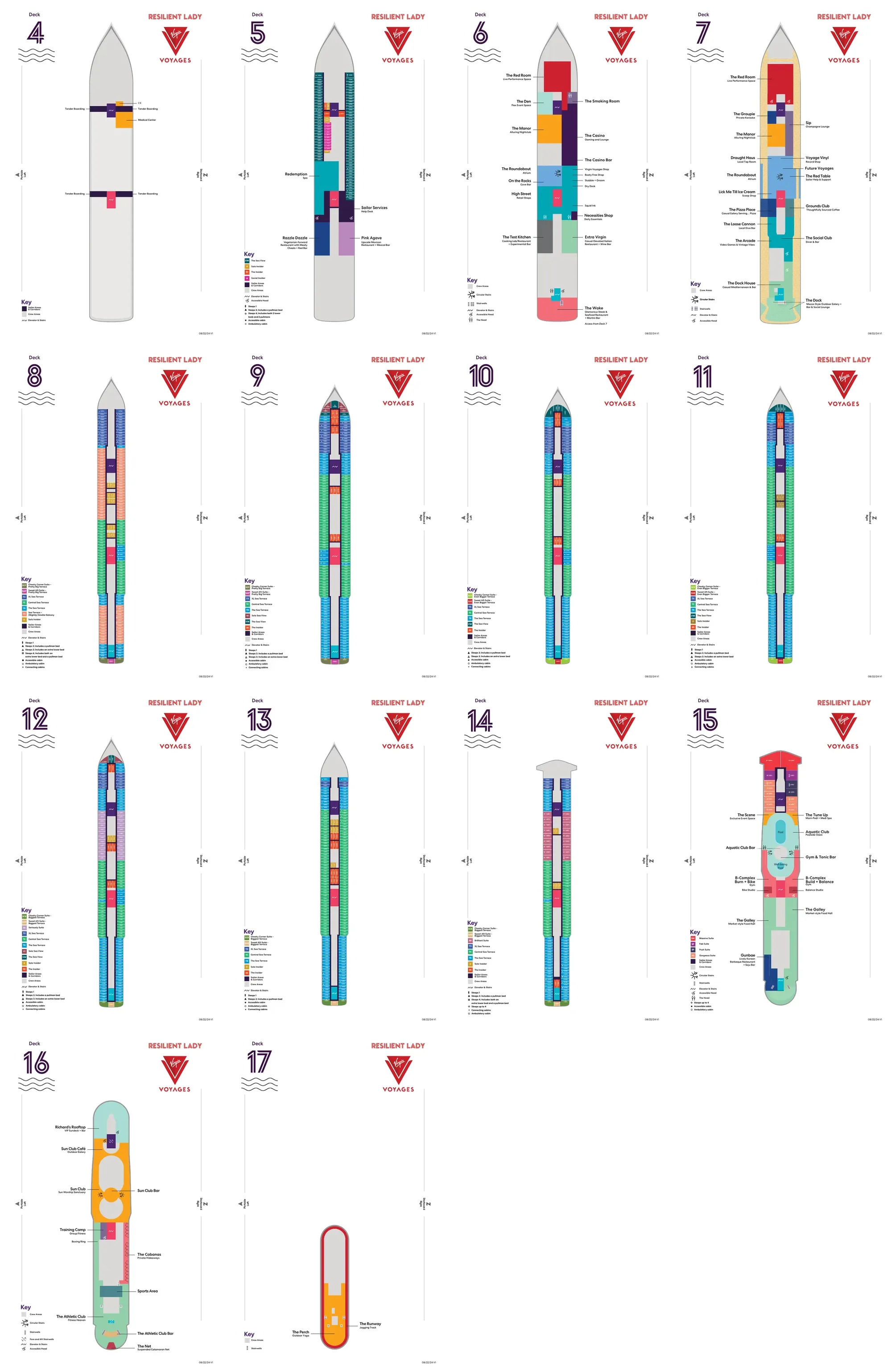 Resilient Lady deck-plan overview showing decks 4 through 17 and cabin and public-area categories