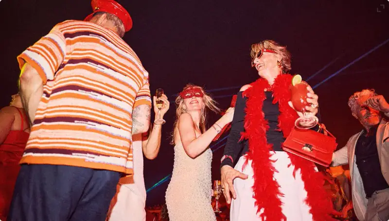 Sailors dancing beneath colorful lights aboard Resilient Lady