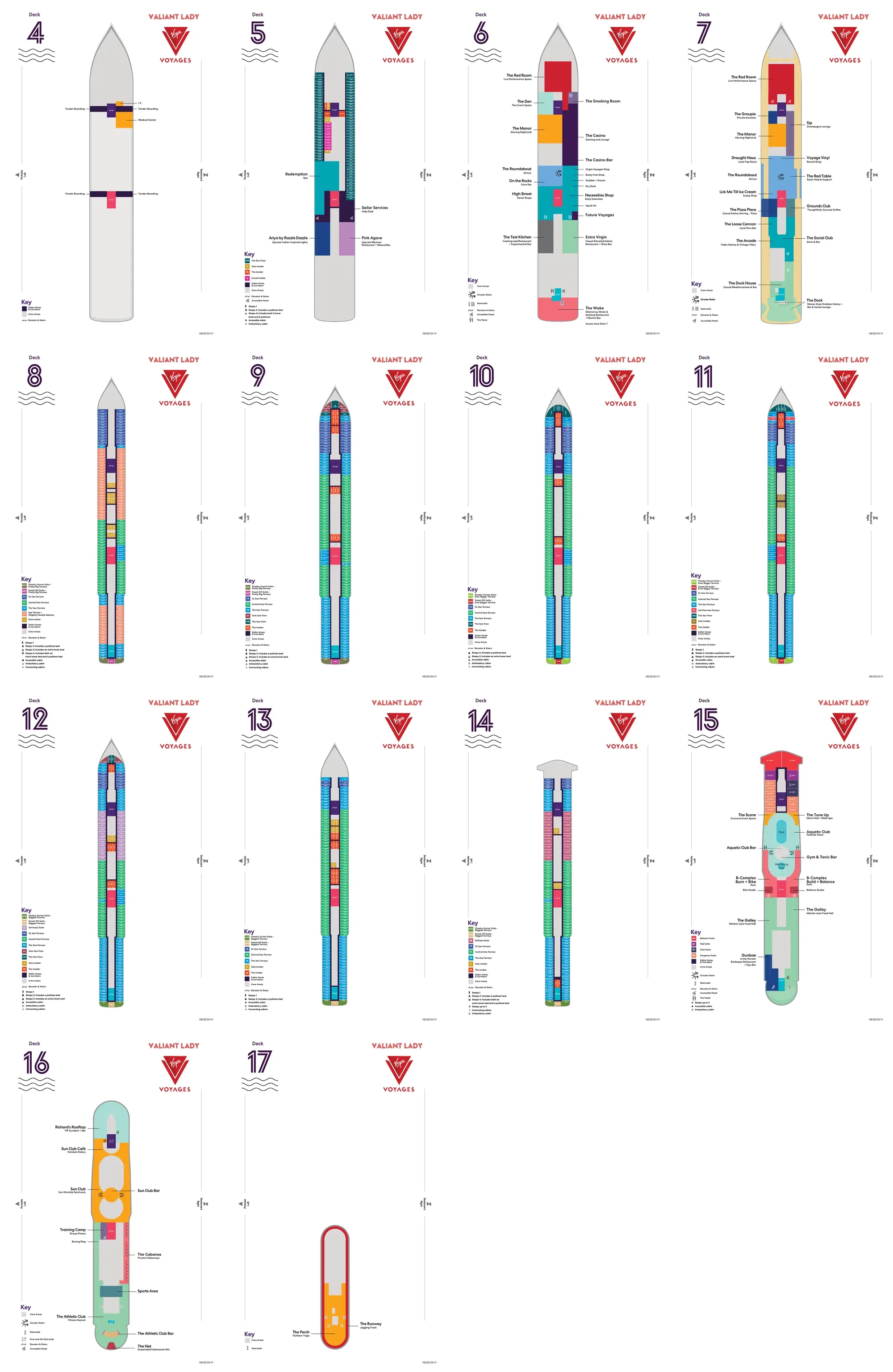 Valiant Lady deck-plan overview showing decks 4 through 17 and cabin and public-area categories