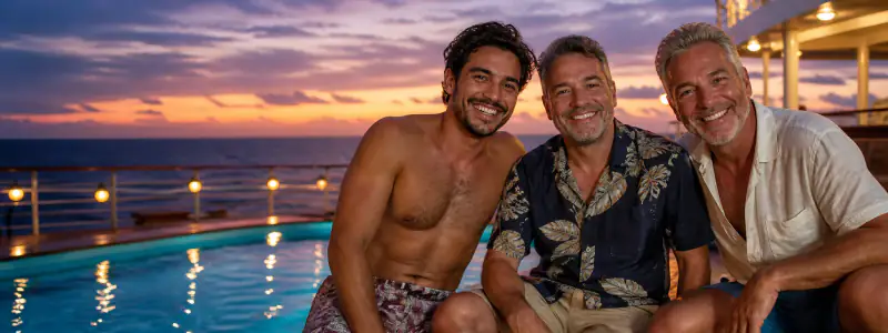 Three gay friends relaxing by a cruise ship pool at sunset