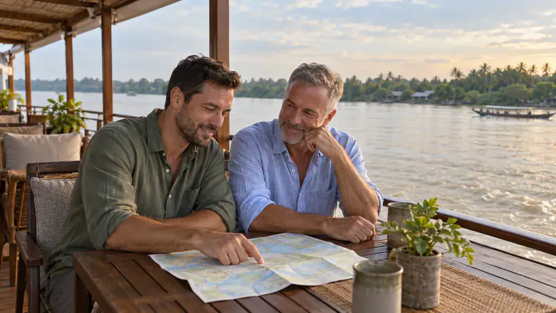 Two male travelers compare a folded map together on a shaded riverboat deck