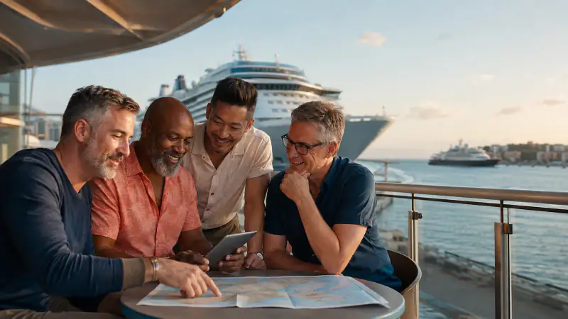 Four LGBTQ+ travelers comparing cruise options together beside a harbor