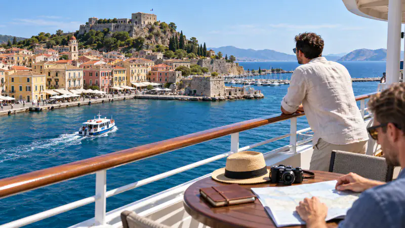 Two gay travelers consider a colorful Mediterranean cruise port from their ship deck