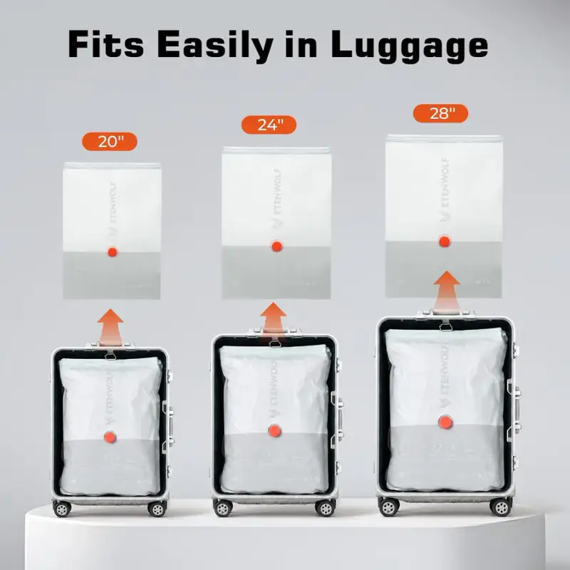 Travel vacuum bag being compressed inside an open suitcase