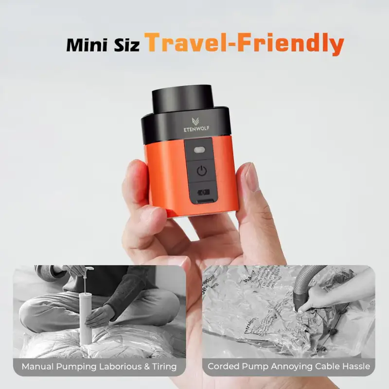 Compact orange wireless pump for the ETENWOLF travel vacuum bags