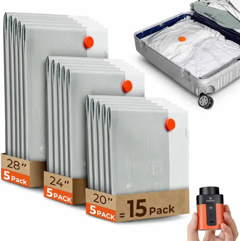 ETENWOLF vacuum bag set with several bag sizes, wireless pump, and packed suitcase