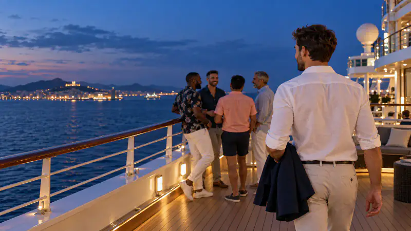 A gay traveler approaches a friendly group on a cruise ship deck at blue hour