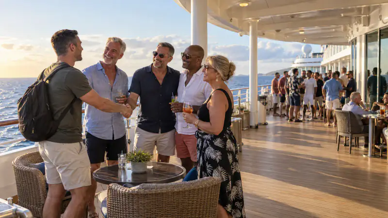 A solo traveler is welcomed by a small group on a ship deck while a larger gathering is visible behind them