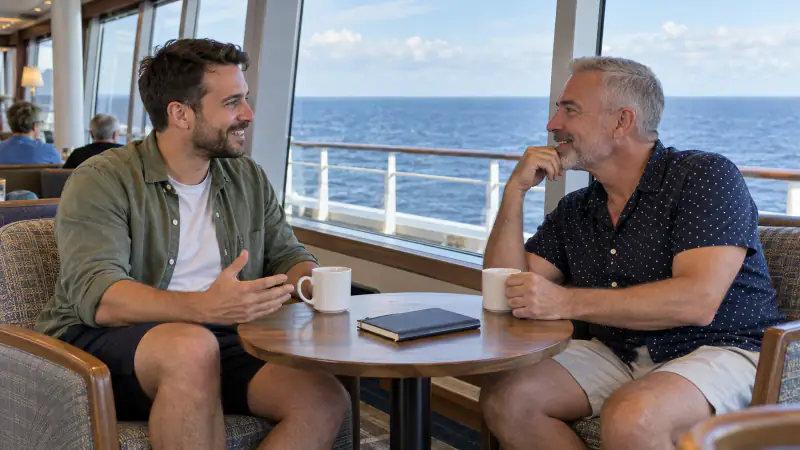 Two male travelers discuss cabin-sharing plans over coffee in a cruise ship observation lounge