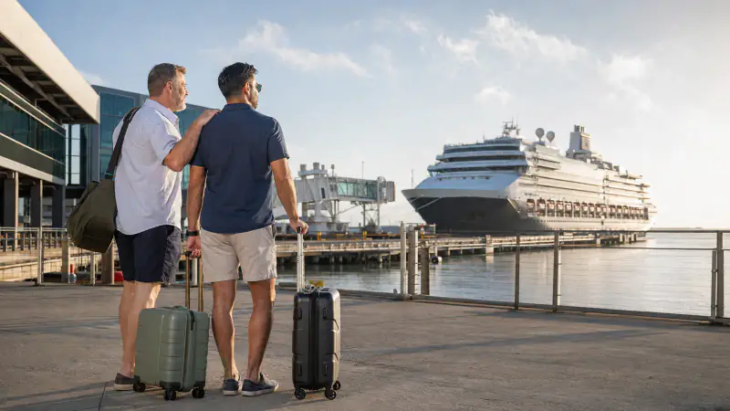 Two gay travelers arrive with luggage at a Gulf Coast cruise terminal