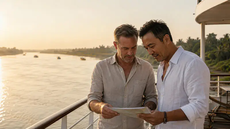 Two gay travelers compare an itinerary on the deck of a Mekong river ship