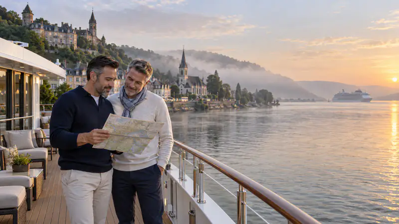 Two gay travelers compare a map from a river ship as a larger ocean cruise ship sits in the distance