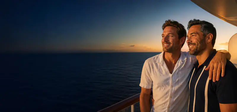 Gay couple enjoying sunset together on a cruise ship balcony