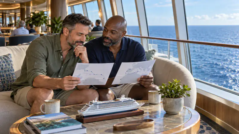 Two gay travelers compare route cards in a cruise ship observation lounge