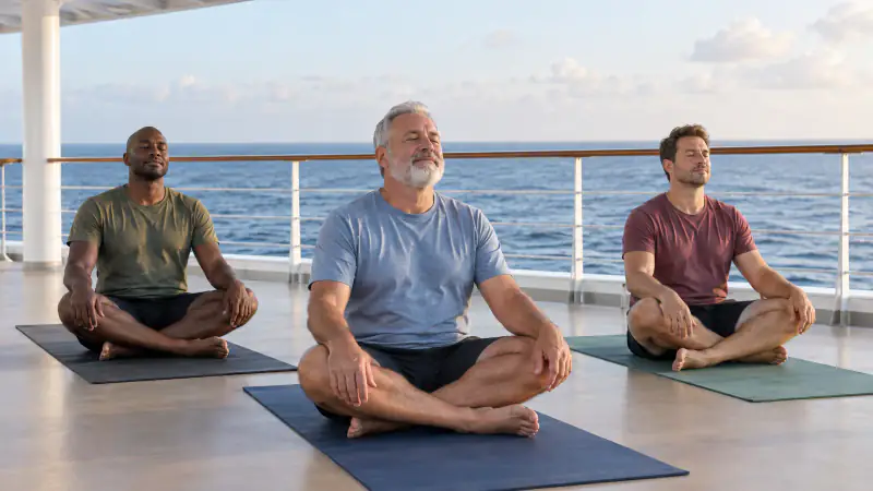 Three male travelers sit on yoga mats for a quiet breathing pause on a sheltered cruise ship deck