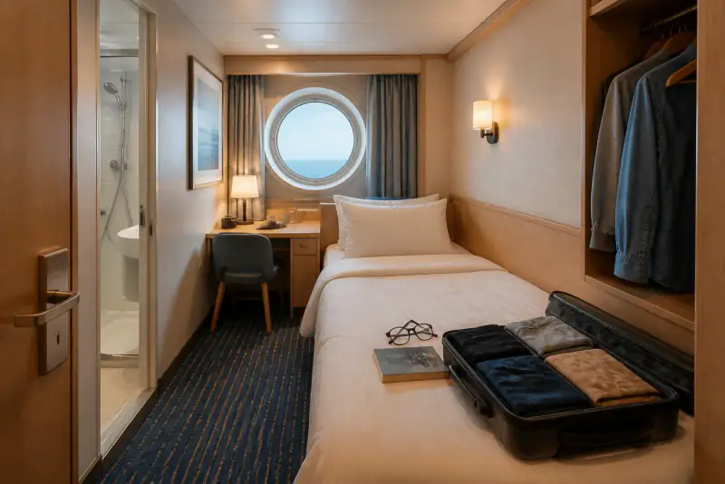 Compact purpose-built solo cruise cabin with a single bed and porthole