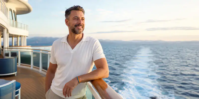 Solo gay traveler smiling on a cruise ship deck during sail-away