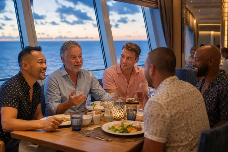 A diverse group of gay men sharing dinner in a cruise ship restaurant