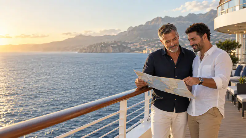 Two gay travelers compare a Mediterranean cruise map together on a ship deck