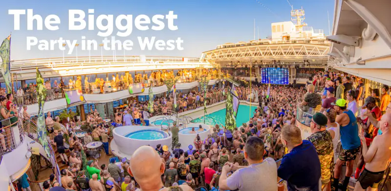 A crowded cruise-ship pool deck appears in an Atlantis San Diego to Mexico cruise graphic.