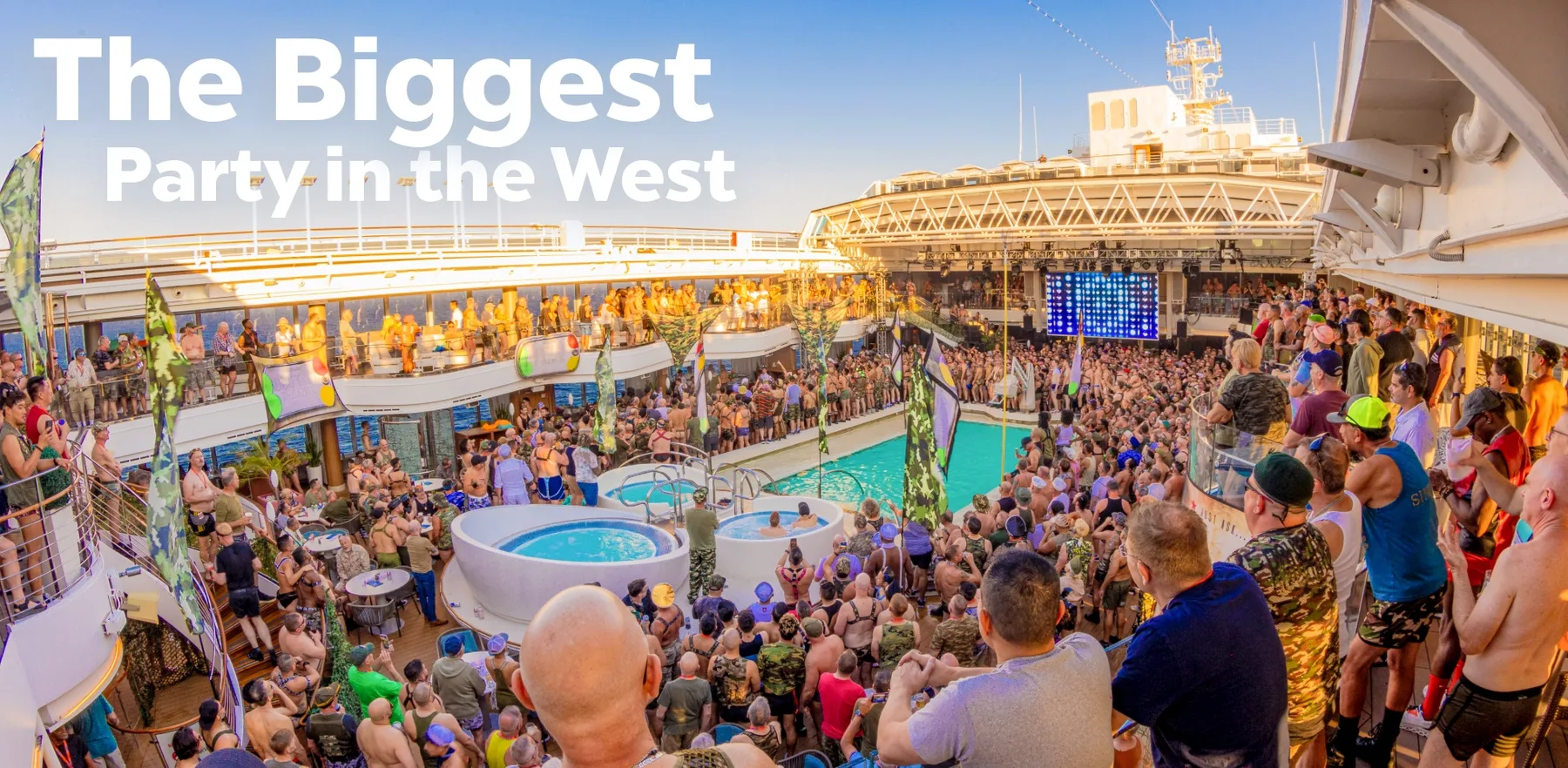 A crowded cruise-ship pool deck appears in an Atlantis San Diego to Mexico cruise graphic.