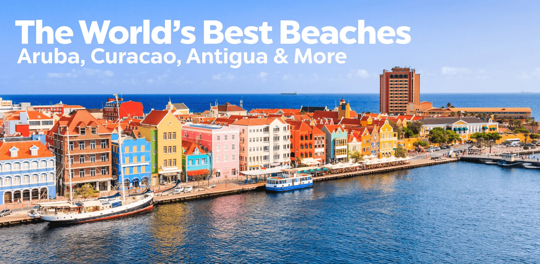A cruise ship sails beside a sunny tropical waterfront in an Atlantis Southern Caribbean cruise graphic.