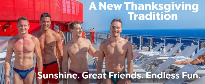 Two men in swimwear pose beside a tropical ocean in an Atlantis Thanksgiving cruise graphic.