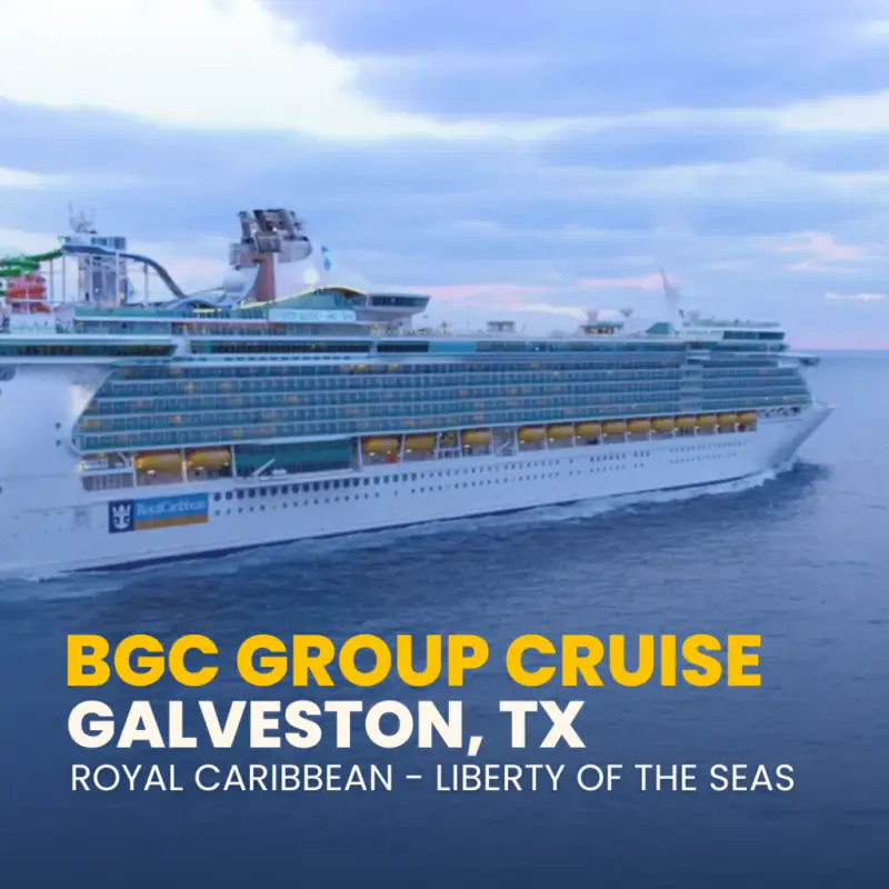 A Royal Caribbean cruise ship sails at sea in a Big Gay Cruise group-sailing graphic.