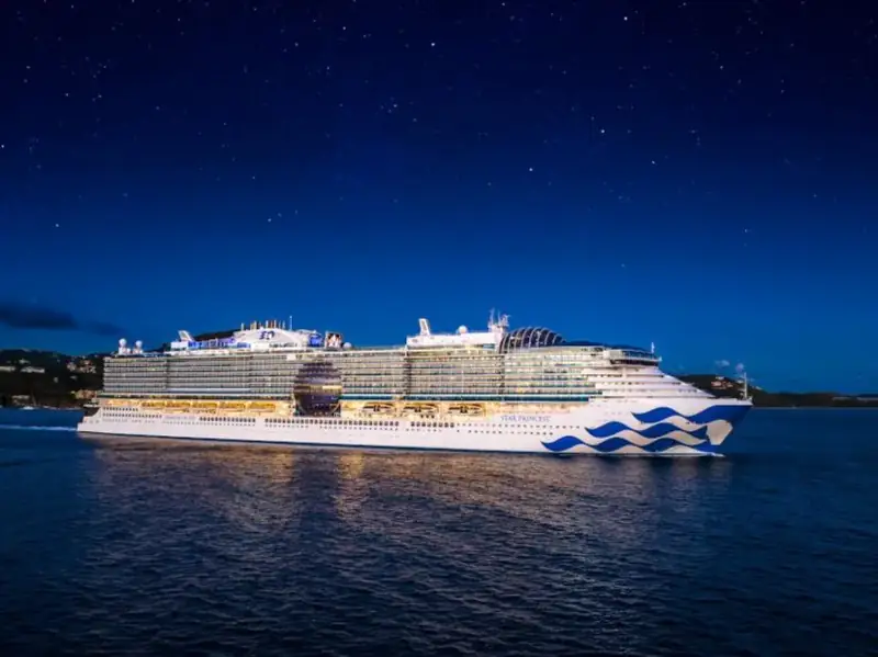 A cruise ship sails through dark blue water at night beneath a starry sky.