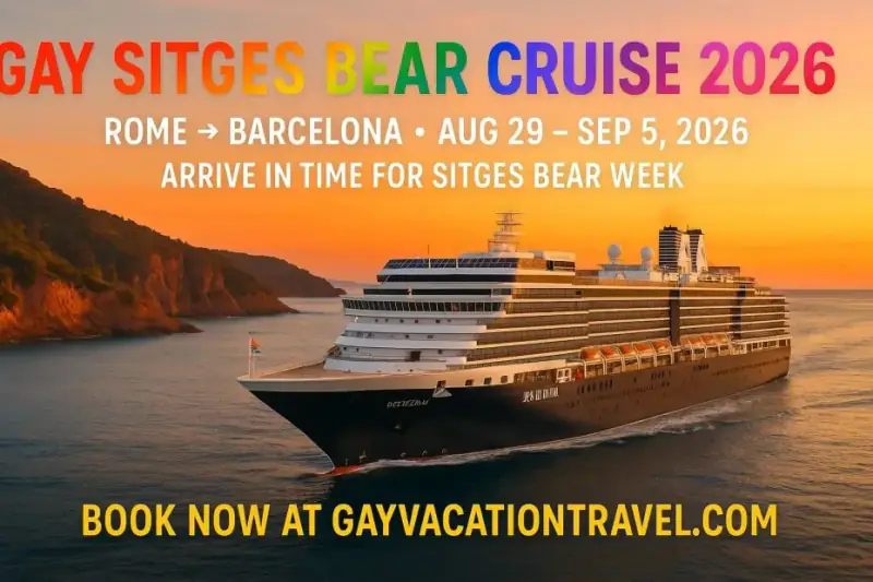 A cruise ship appears in a colorful Sitges Bear Cruise 2026 promotional graphic.