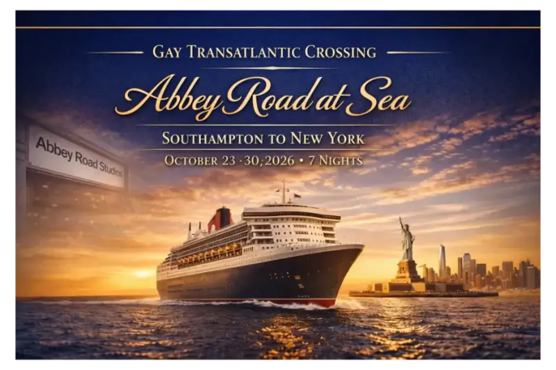 A cruise ship sails toward a golden sunset in an Abbey Road at Sea graphic.