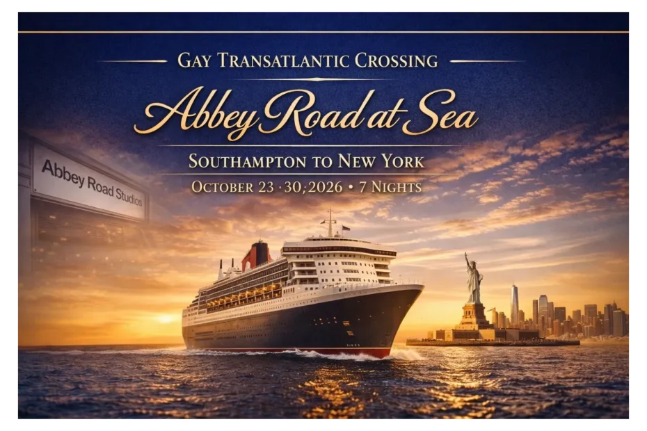 A cruise ship sails toward a golden sunset in an Abbey Road at Sea graphic.