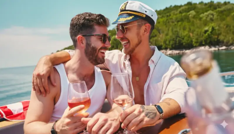 Two men enjoy drinks together on a boat near a sunny coastline.