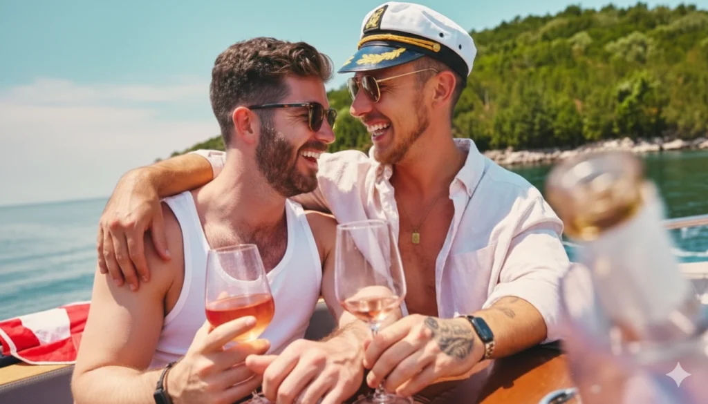 Two men enjoy drinks together on a boat near a sunny coastline.