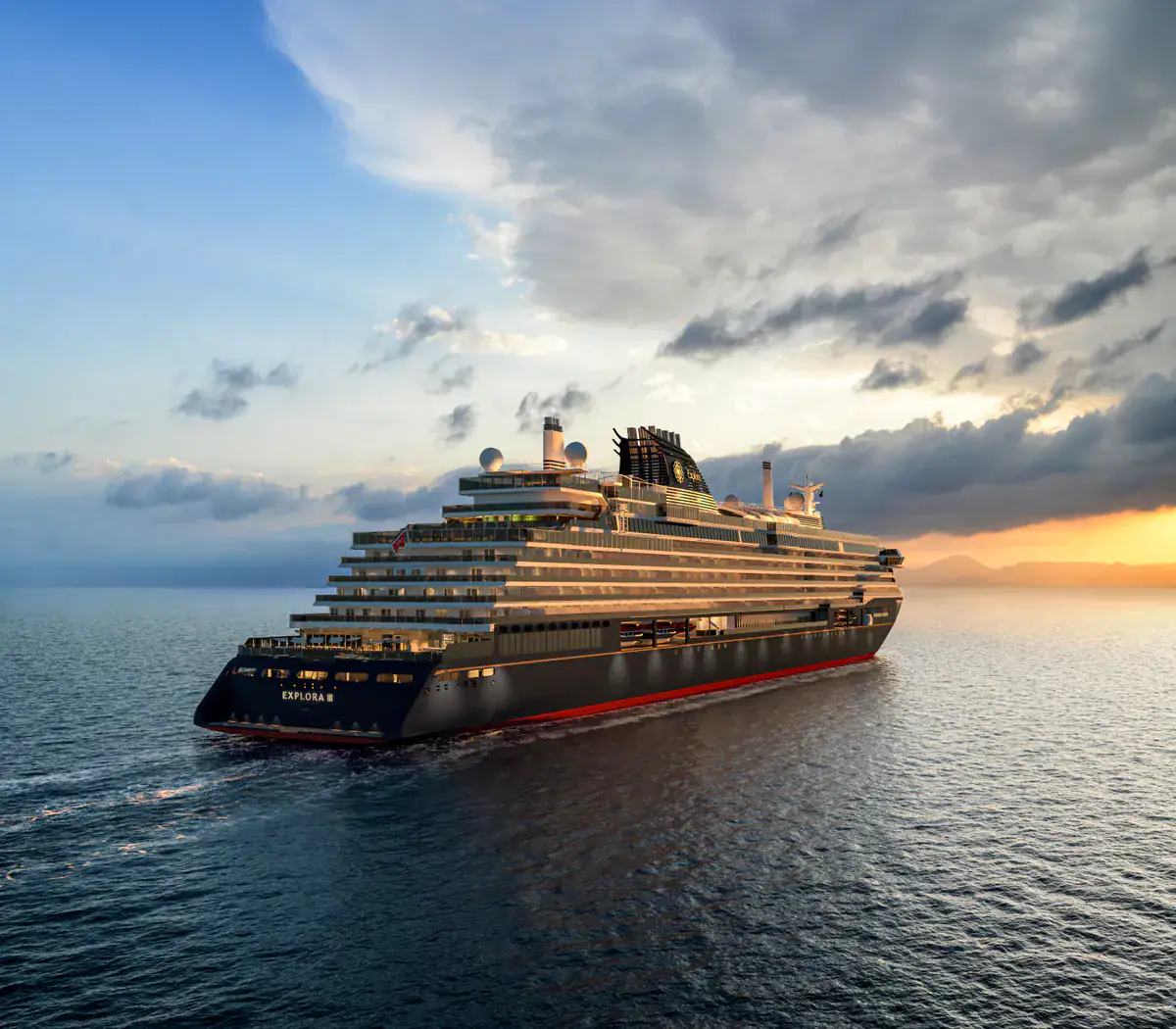 Explora III sails at sea beneath dramatic clouds and warm evening light.