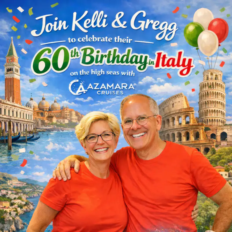 Two smiling travelers pose beneath a colorful 60th-birthday Italy cruise graphic.