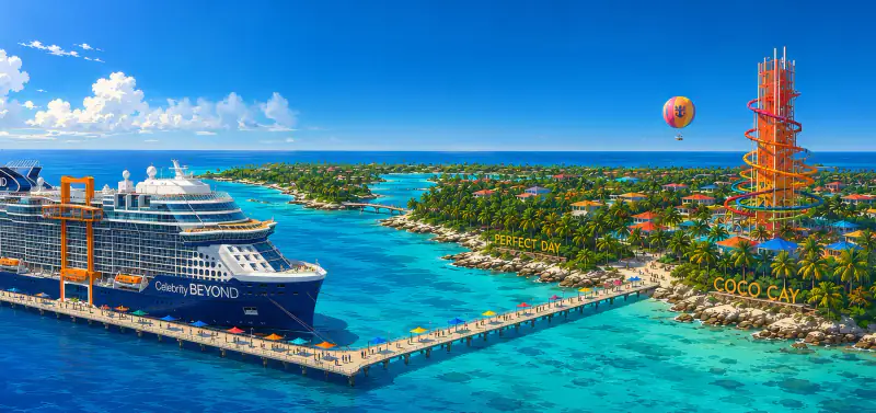 A cruise ship is docked beside a bright tropical beach and turquoise water.