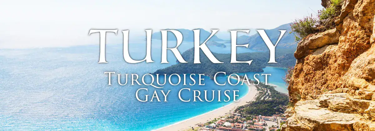 Rocky pine-covered cliffs frame the turquoise Turkish coast beneath the trip title.