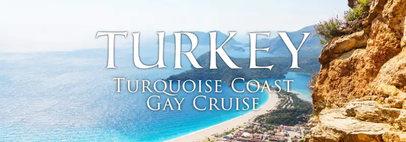 Rocky pine-covered cliffs frame the turquoise Turkish coast beneath the trip title.