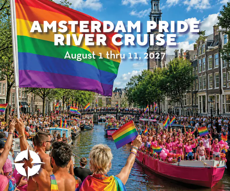 A rainbow flag and Pride crowds fill an Amsterdam canal in OUTbound's Amsterdam Pride River Cruise artwork.