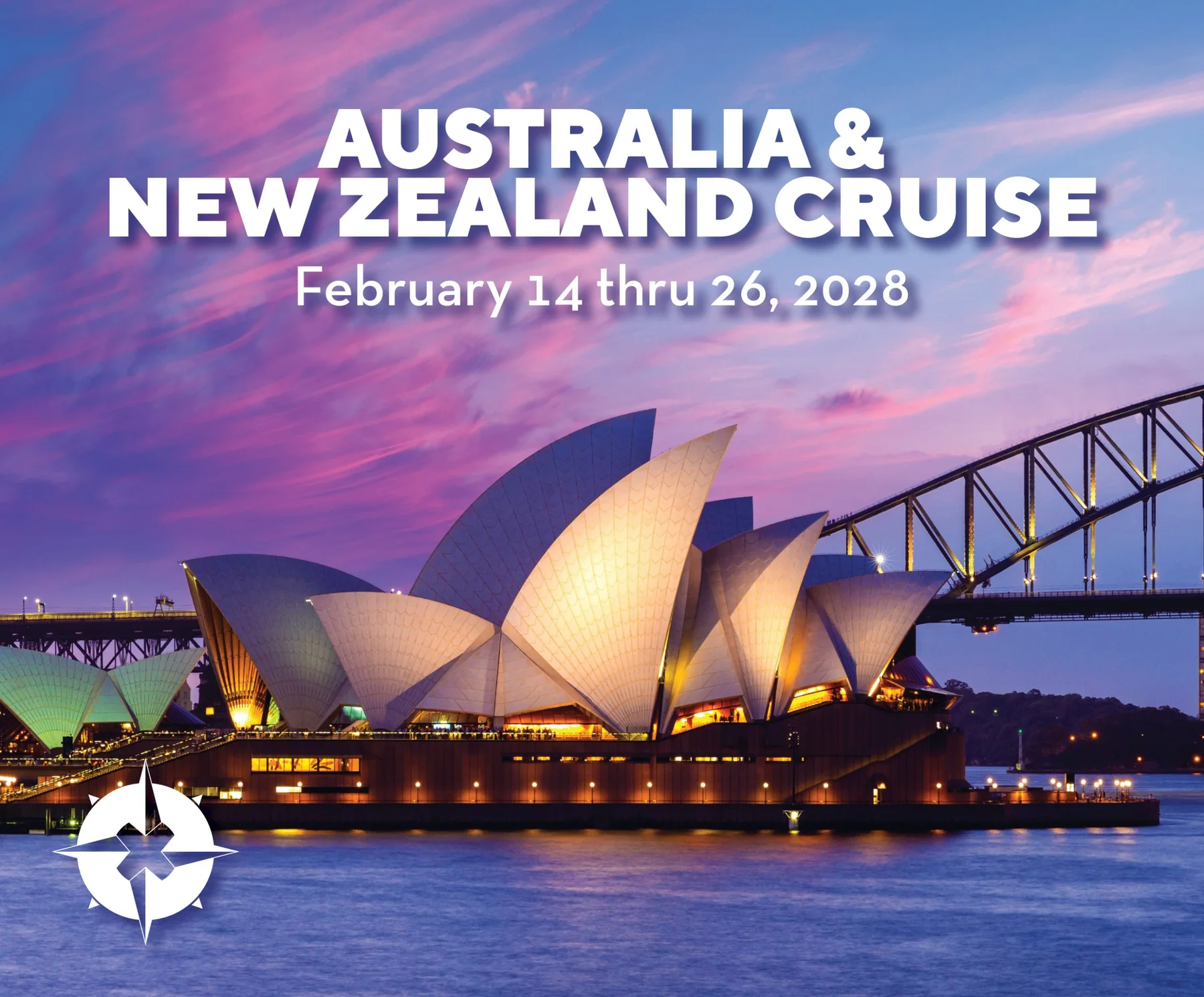 Sydney Opera House and Harbour Bridge glow at dusk in OUTbound's Australia and New Zealand Cruise artwork.