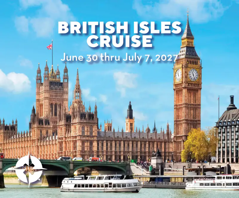 Big Ben, the Houses of Parliament, and a riverboat appear in OUTbound's British Isles Cruise artwork.