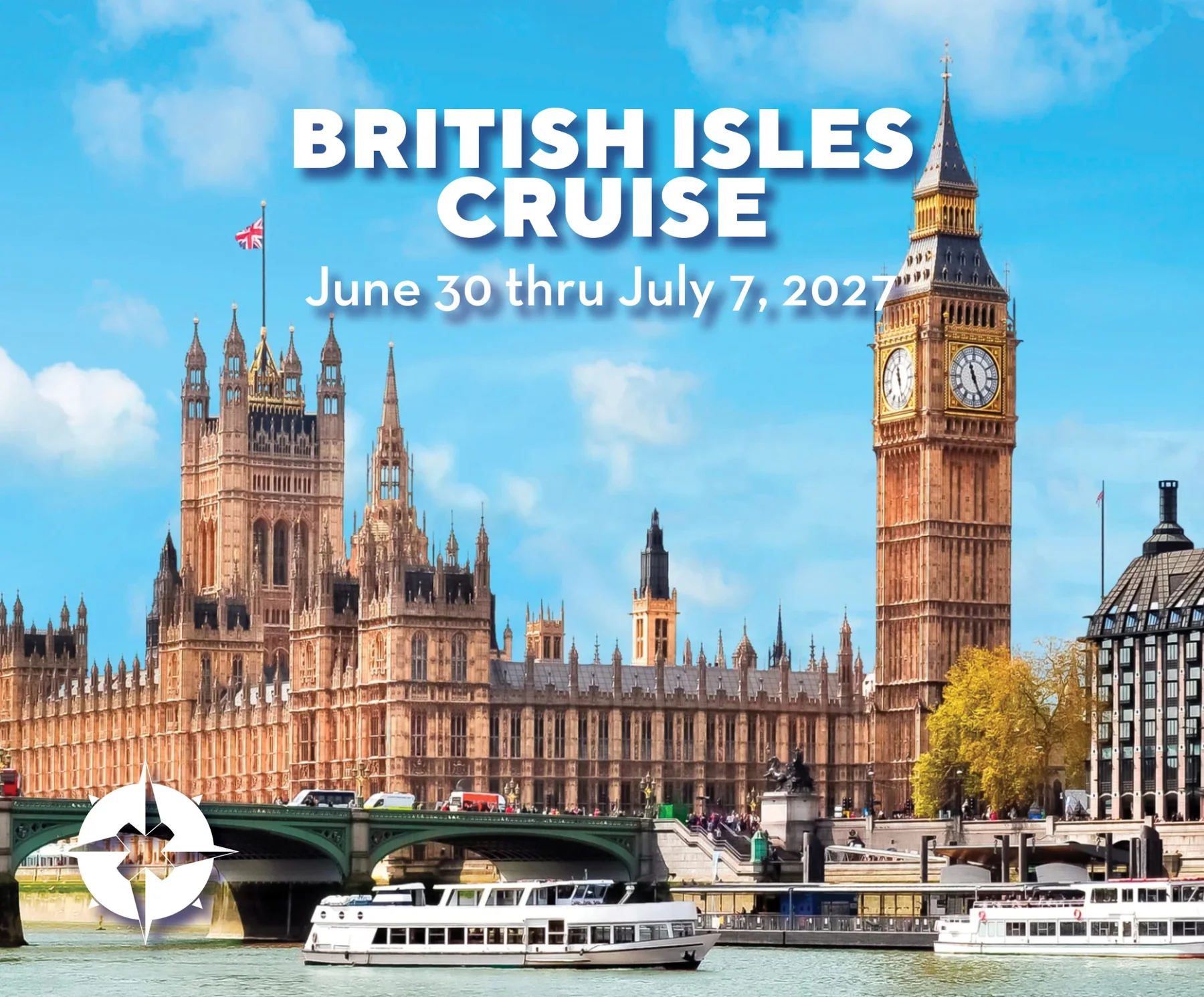 Big Ben, the Houses of Parliament, and a riverboat appear in OUTbound's British Isles Cruise artwork.